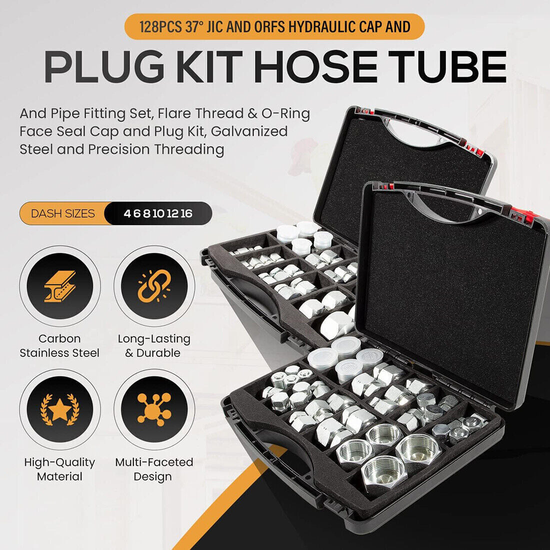 182 PCS JIC and ORFS Master Industrial Hydraulic Cap and Plug Hose Tube and Pipe Fitting Kit Cap and Plug Kit with 45 PCS O-Ring Seals, Orange Double Sided Organizer 182 PCS JIC and ORFS Master Industrial Hydraulic Cap and Plug Hose Tube and Pipe Fitting Kit Cap and Plug Kit with 45 PCS O-Ring Seals, Orange Double Sided Organizer