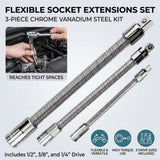 3Pcs Flexible Socket Extension Bars Set 1/2" 1/4" 3/8" Shaft Drive 10" 8" 6"